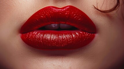 Obraz premium Close-up of glossy red lips with deep color and a high-shine finish, highlighting texture and smoothness. A strand of hair adds subtle detail, enhancing the bold, glamorous look
