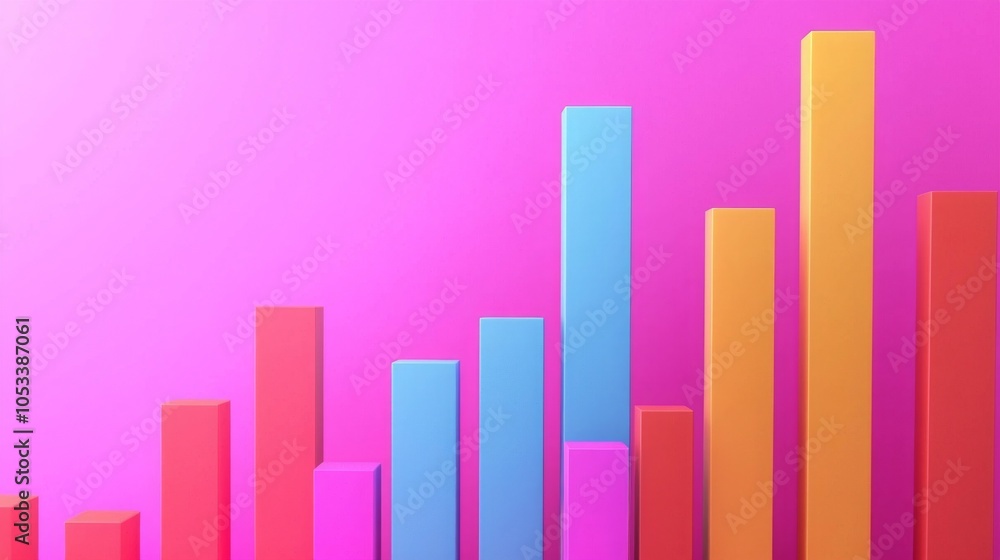 Poster a vibrant bar graph on a pink background, showcasing various heights in colorful blocks, representin