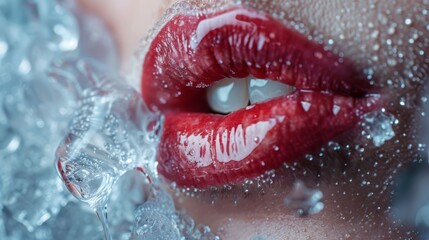 Fototapeta premium Close-up of glossy red lips adorned with water droplets and surrounded by melting ice. The high-shine finish contrasts with the cool, wet texture, creating a refreshing, frozen aesthetic