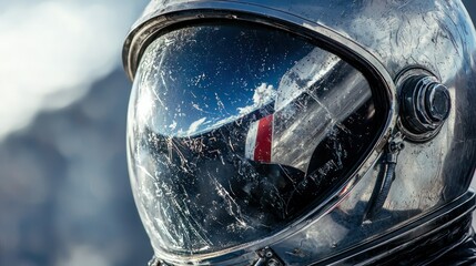 A detailed shot of an astronaut helmet, with scratches and reflections of the spacecraft visible on the visor