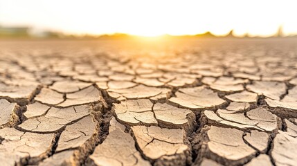 Fototapeta premium Close-up of cracked dry earth under a hot sun, textured arid landscape, concept of drought and climate change, warm golden tones