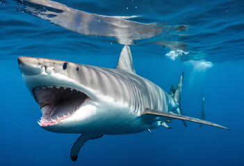 Naklejka premium Great white shark in deep blue water.