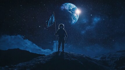 A determined female astronaut standing on the moon, holding a flag, with the stars and Earth shining above
