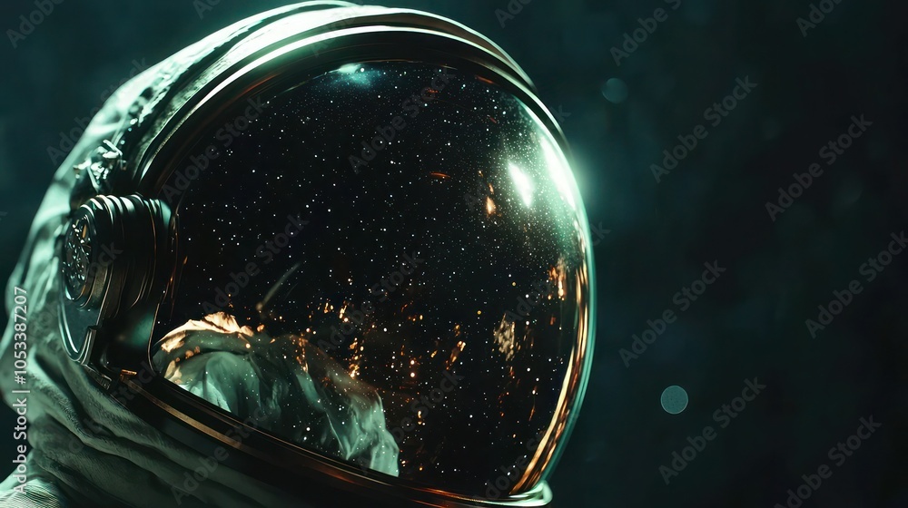 Poster a dramatic shot of an astronaut floating in deep space, the reflection of distant stars visible on t