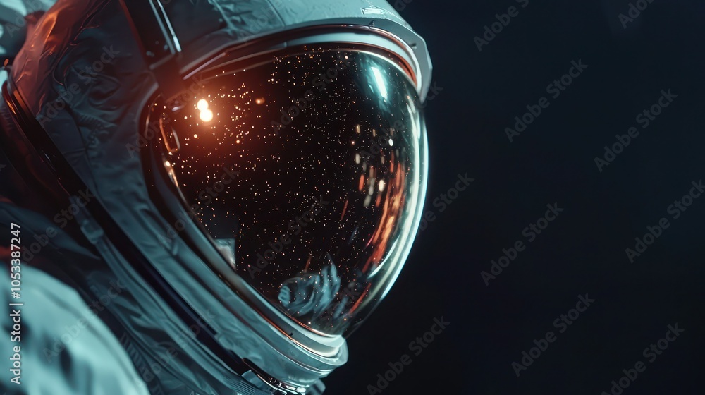 Aufkleber a dramatic shot of an astronaut floating in deep space, the reflection of distant stars visible on t