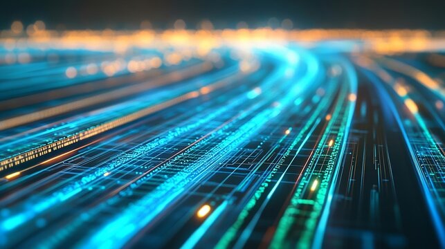 Futuristic data transmission lines, glowing blue and green light trails representing fast internet speed, abstract cyber technology, digital network flow