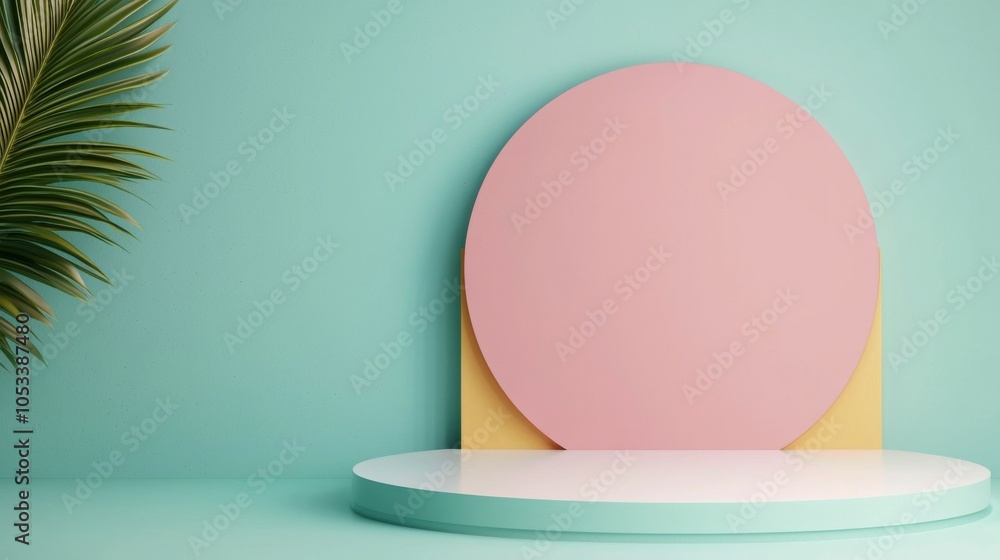 Poster a minimalistic showcase featuring a round pink shape against a pastel backdrop, complemented by a hi