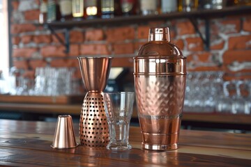 Copper cocktail shaker and other bar tools standing on bar counter top