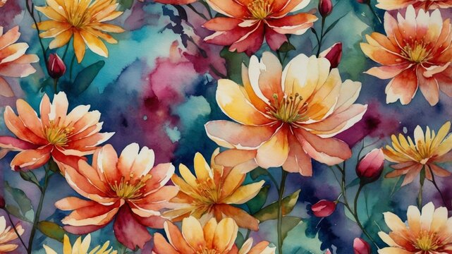 Watercolor style wallpaper blossoms burst forth in a riot of color, their vibrant petals a testament to the beauty of spring.