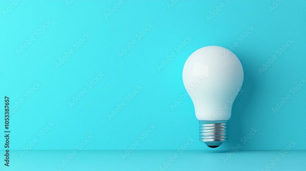 Poster a simple white light bulb resting on a smooth turquoise surface, reflecting minimalistic design and 