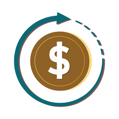 coin icon. money back with dollar symbol, A dollar coin is surrounded by two arrows forming a circle, indicating continuous movement. flat design style. vector template design