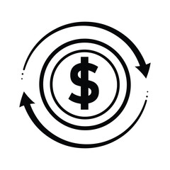 coin icon. money back with dollar symbol, A dollar coin is surrounded by two arrows forming a circle, indicating continuous movement. outline design style. vector template design