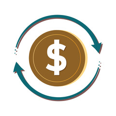 coin icon. money back with dollar symbol, A dollar coin is surrounded by two arrows forming a circle, indicating continuous movement. flat design style. vector template design
