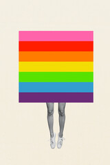 Vertical photo collage of female feet jump hide lgbt rainbow flag propaganda lesbian lady legs...