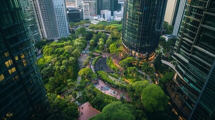 Sustainable urban business district with eco friendly architecture and lush green spaces