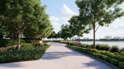 Serene riverside park adorned with lush greenery and tranquil walking paths for relaxation and reflection.