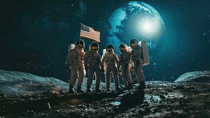 A group of astronauts standing together on the moon, proudly holding a flag, with Earth shining in the background
