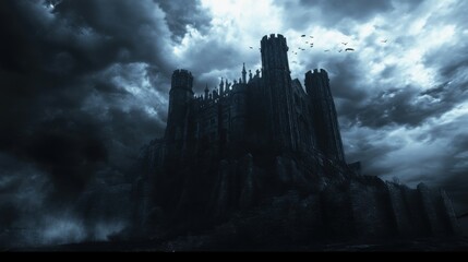 Gothic castle with dark, dramatic clouds.