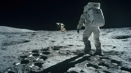 A lone astronaut exploring the moon, footprints left in the dust behind him, and the lunar lander visible in the background