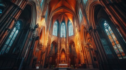 Gothic cathedral with intricate arches and stained glass.