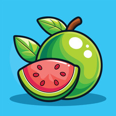 A cartoon illustration of a whole guava and a slice of watermelon against a bright blue background.