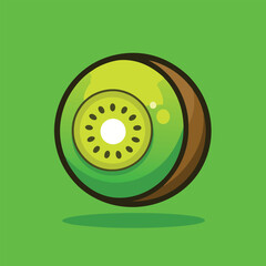 A cartoon illustration of a kiwi fruit, sliced in half, on a green background.