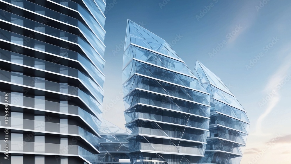Poster futuristic architectural design with geometric lines and transparent structures, symbolizing innovat