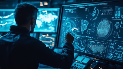 Obraz premium AI-powered defense systems analyzing threats controlling weaponry real-time. AI generated