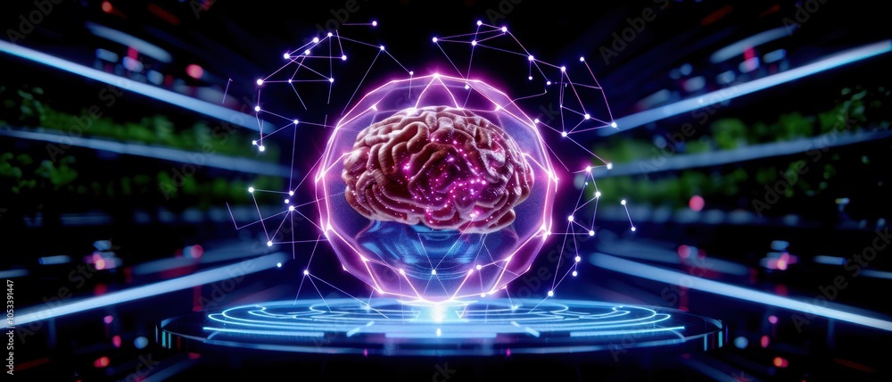 Poster futuristic brain representation with digital network connections.
