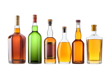 Assorted bottles of liquor, white isolate background transparent background