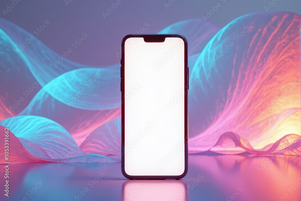 Wall mural A smartphone mockup with a blank white screen on an abstract holographic gradient backdrop with copy space. Trendy, stylish background for online marketing and advertising.