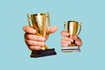 Composite photo collage of successful people receive golden cup goblet prize champion best winner...