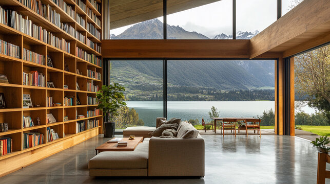Zoom Background Modern Wooden House with Wooden Bookshelves and view of Lake and Mountains.