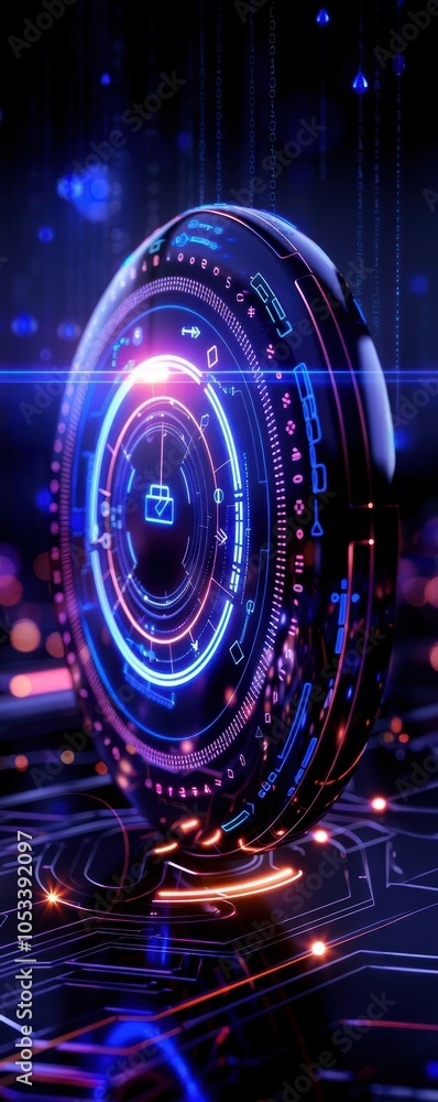 Poster futuristic technology interface circular design with glowing elements.
