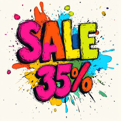 Colorful Sketch Style "SALE 35%" Logo with Paint Splatters