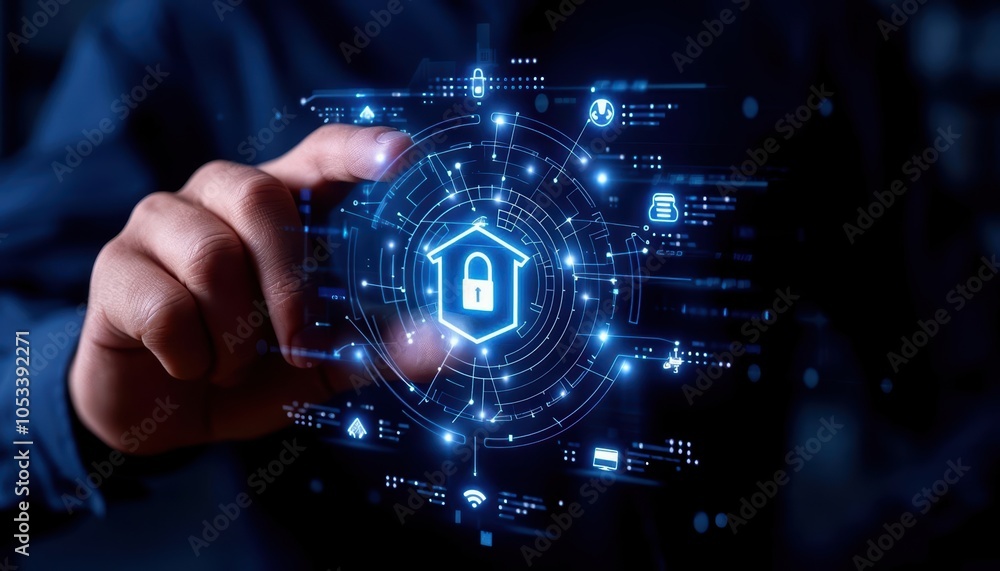 Poster hand interacting with digital security interface on dark background.