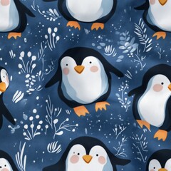 Seamless pattern of cute penguins on a blue background with white floral elements.