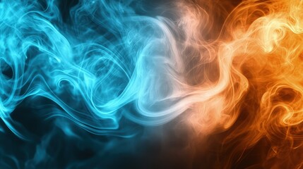Obraz premium A swirling mix of blue and orange smoke rising from the bottom, seamlessly blending into a soft gradient against a dark background. The colors interact dynamically, creating soft edges