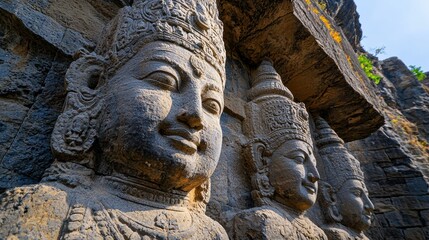 Fototapeta premium Ancient Stone Carvings of Deities in Historic Cave Temple