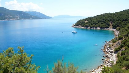  Tranquil waterscape with boat and mountain backdrop