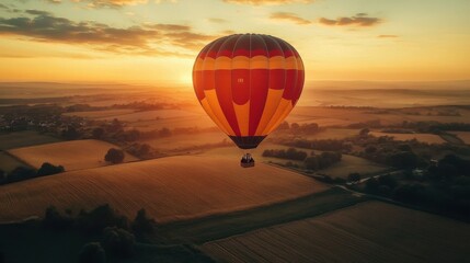 Obraz premium Group of friends enjoying a hot air balloon ride over a patchwork of fields, 4K hyperrealistic photo