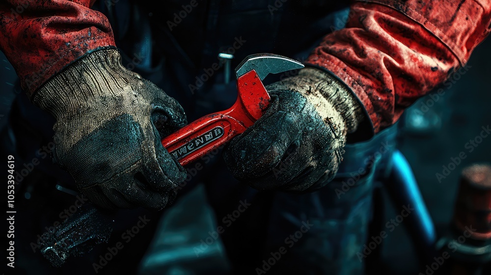 Poster plumber using pipe wrench in engaging workshop scene