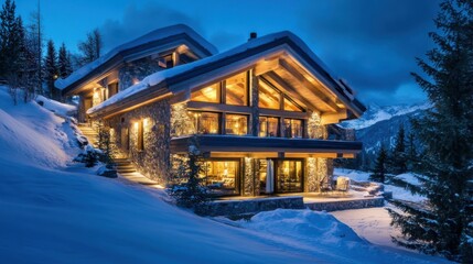 Fototapeta premium Luxurious mountain chalet with panoramic views.