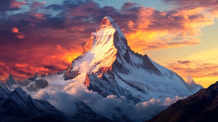 Majestic Mountain Peak: A breathtaking panorama of a snow-capped mountain peak, illuminated by a vibrant sunset, evokes a sense of awe and wonder. The majestic mountain.