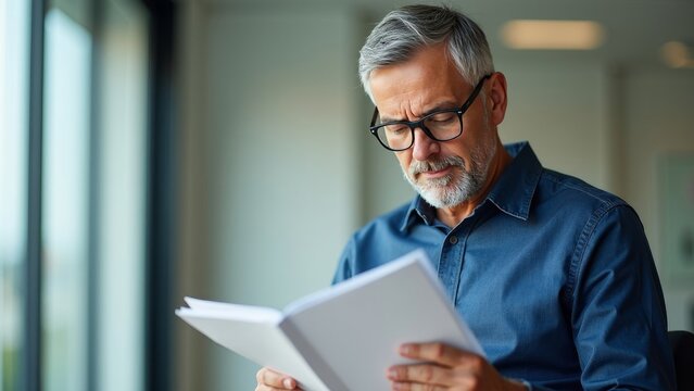 Middle-Aged Man Studying Corporate Code of Conduct in Minimalist Office