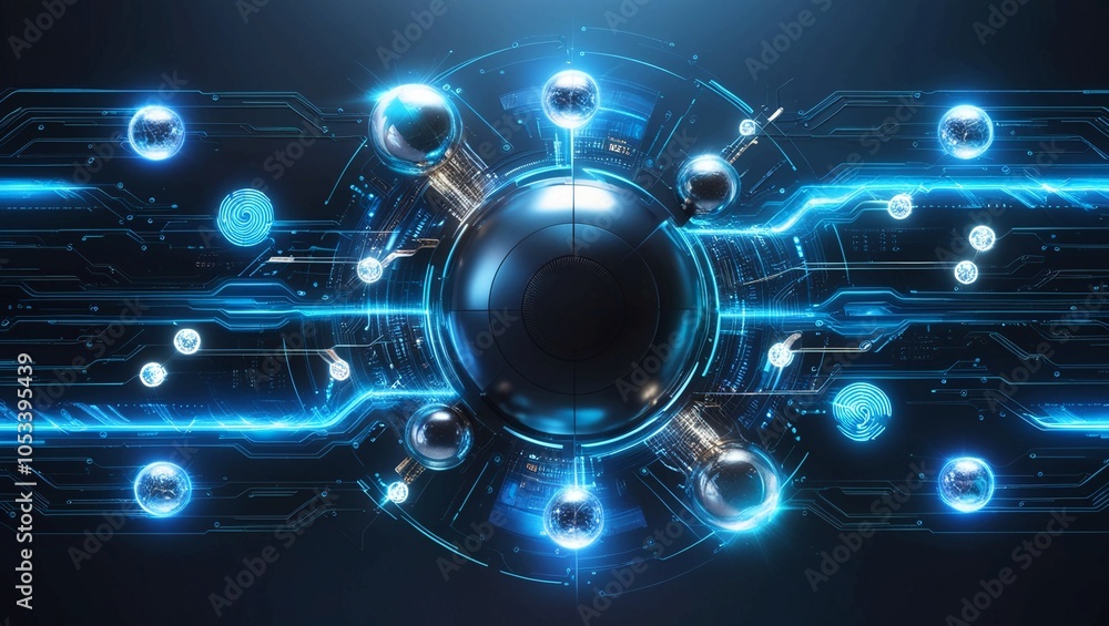 Poster high-tech digital interface with blue light elements and futuristic data visualization on a dark bac