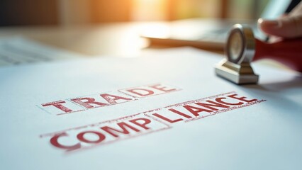 Trade Compliance Stamp Close-Up with Strong Light on Workspace