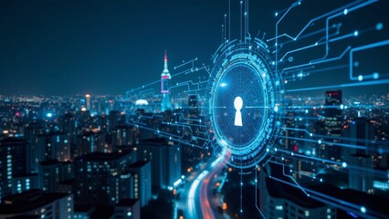 High-Tech City Landscape Featuring Digital Security and Data Flow