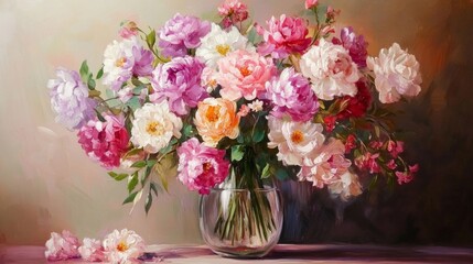 Fototapeta premium A beautiful bouquet of fresh flowers in a glass vase. 