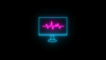 Heart icon inside pulse line illustration on black background. Medical cross icon inside ECG monitor.